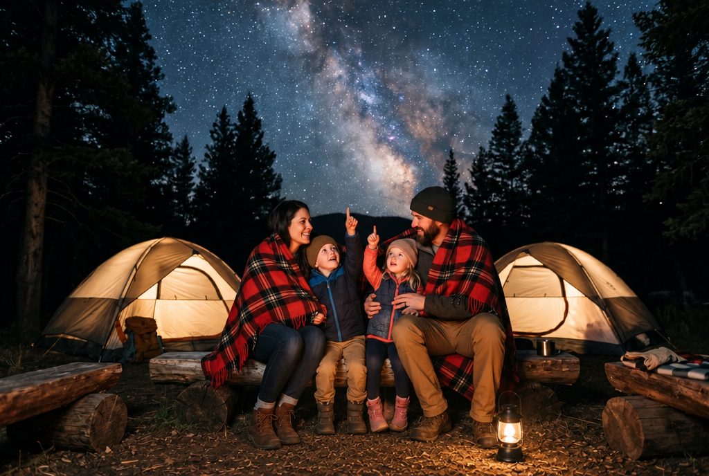 A family sitting together under the stars at camp