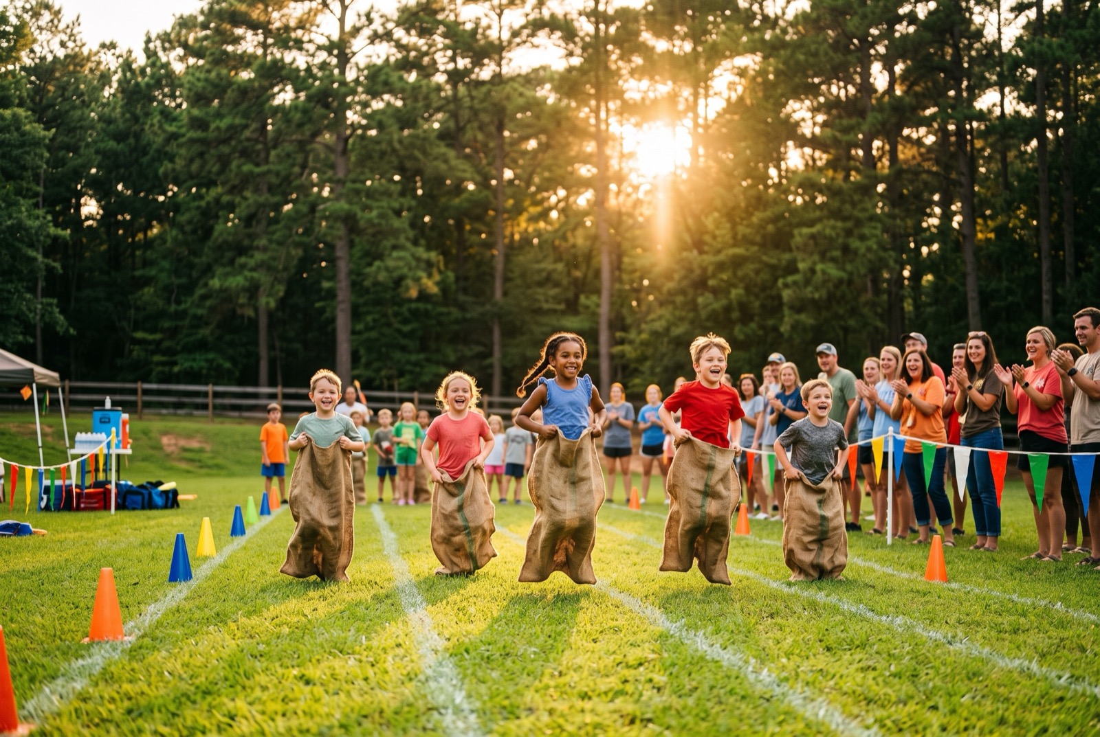 Adventurer kids playing outdoor games among the pines at Lone Star Camp