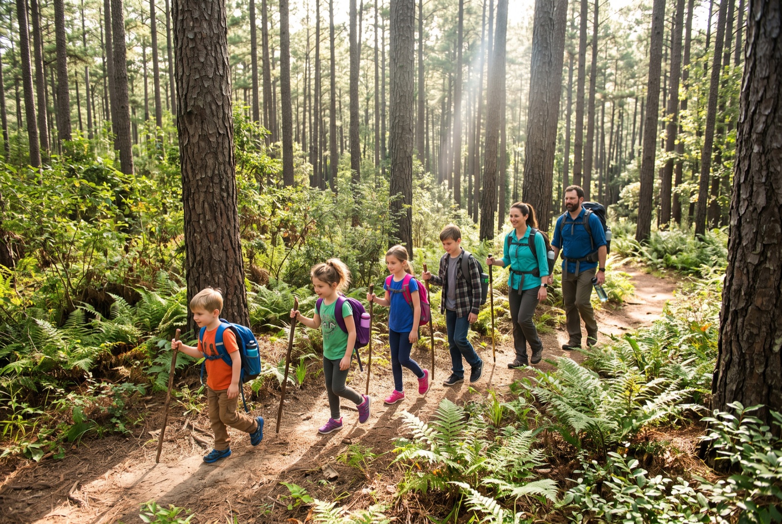 Families hiking a trail through the pines
