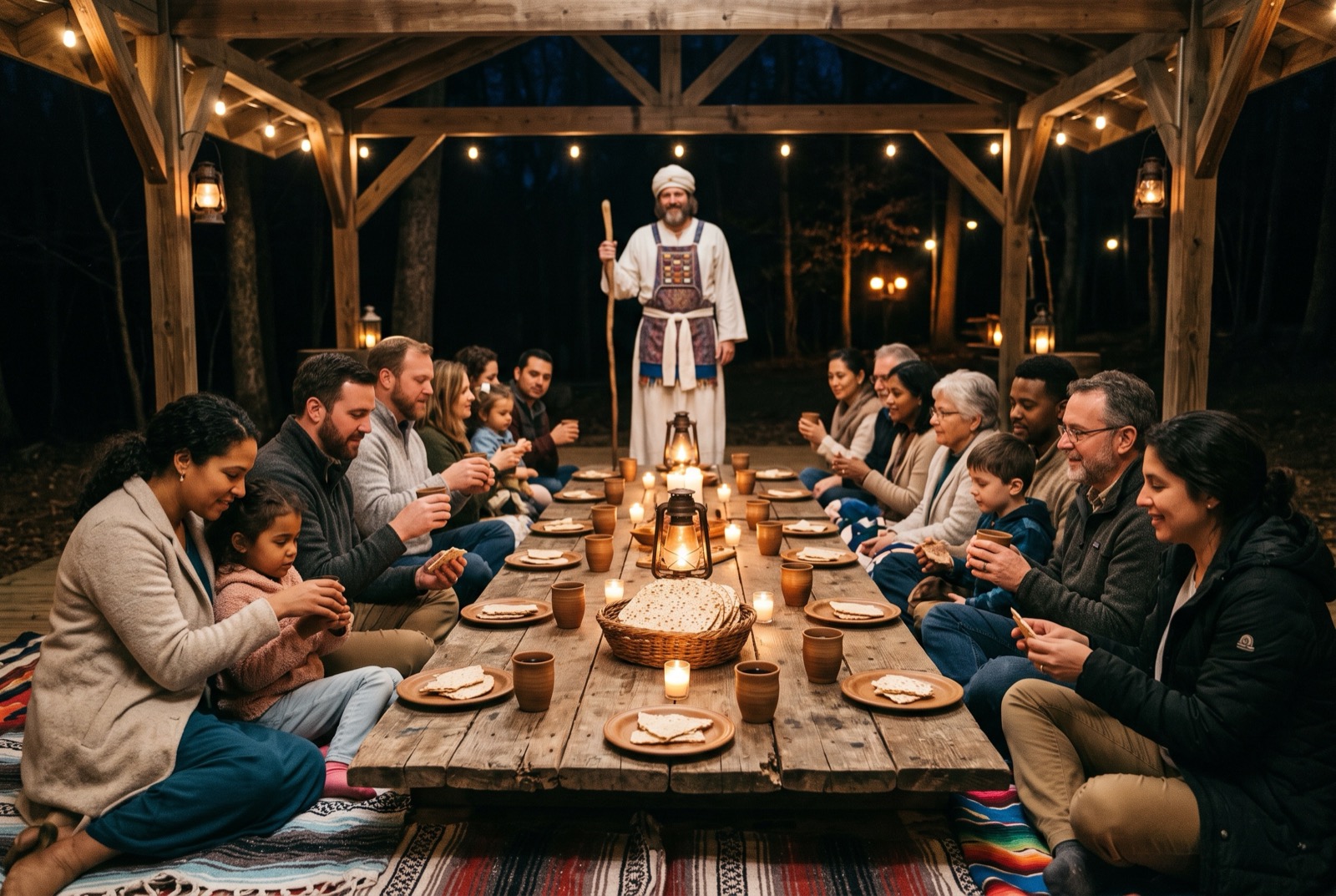 A Passover table set for family communion, with the pastor dressed as the priest